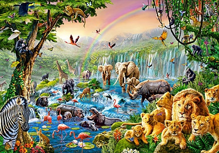 Exotische Tiere am Wasserfall